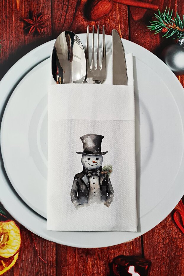 Fabric Textured Handsome Snowman Patterned Christmas - New Year Presentation Napkin