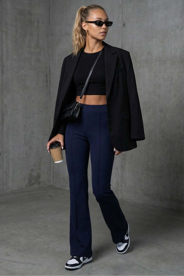 Navy Blue High Waist Flare Leg Stylish Casual Women's Leggings Mg2645