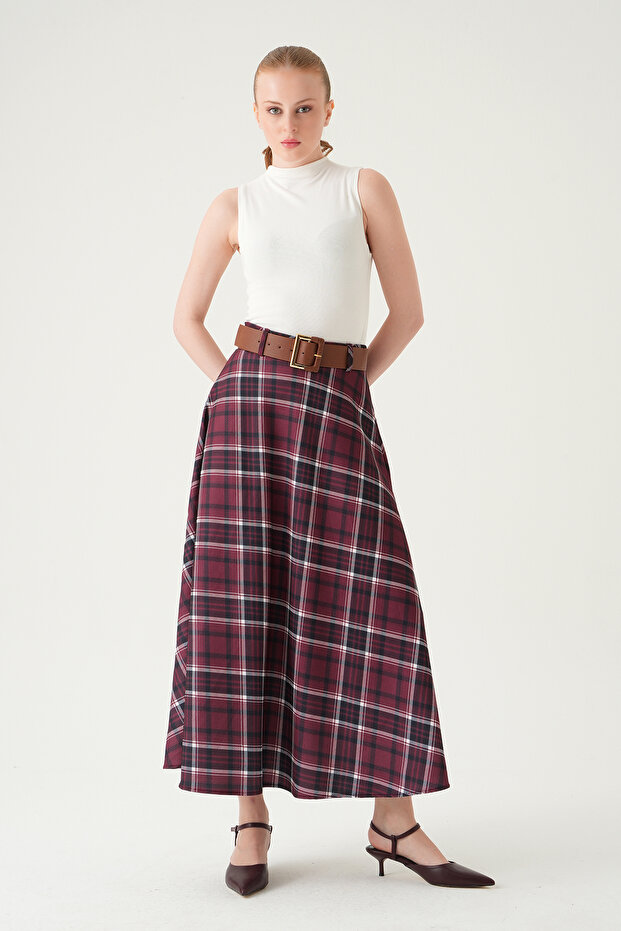 Burgundy Patterned Belted Skirt 1344 - 8