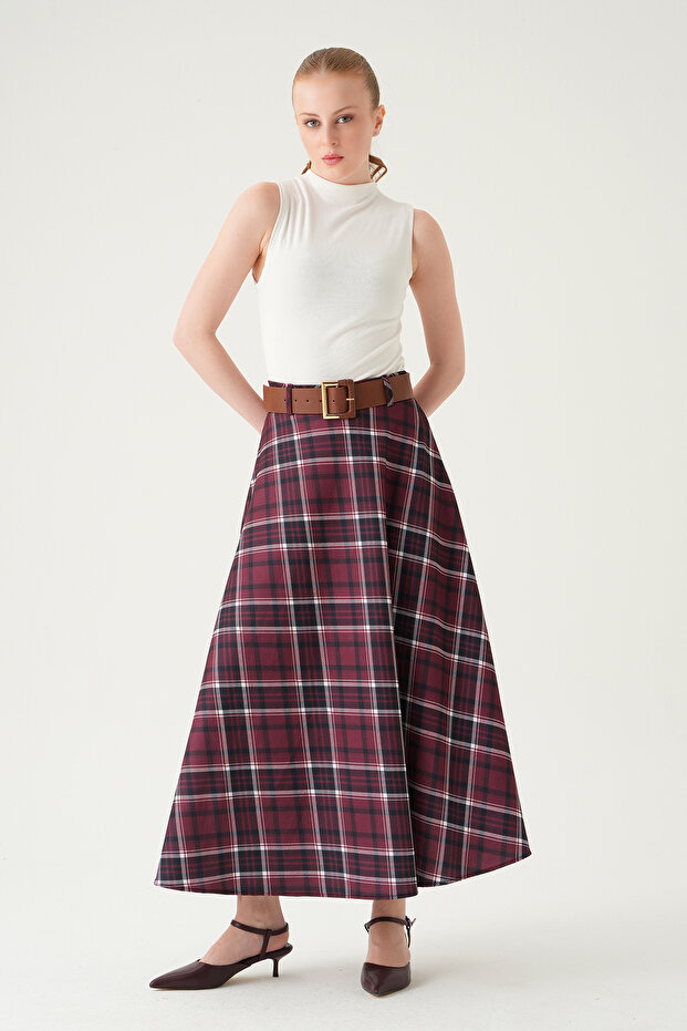 Burgundy Patterned Belted Skirt 1344 - 4