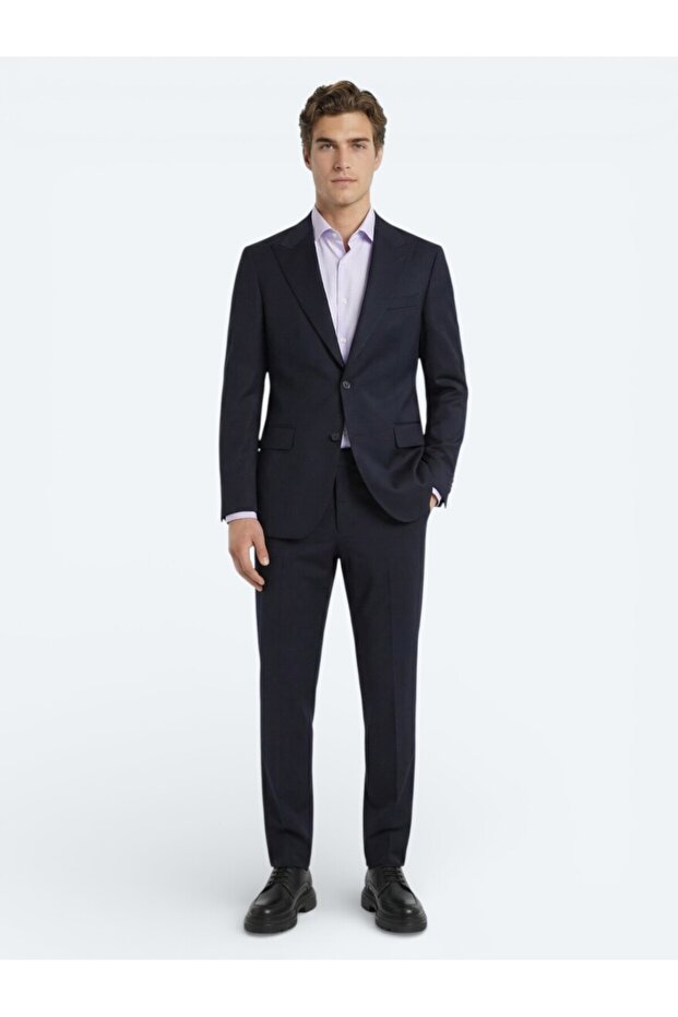 Navy Blue Solid Wool Blend Suit - 1