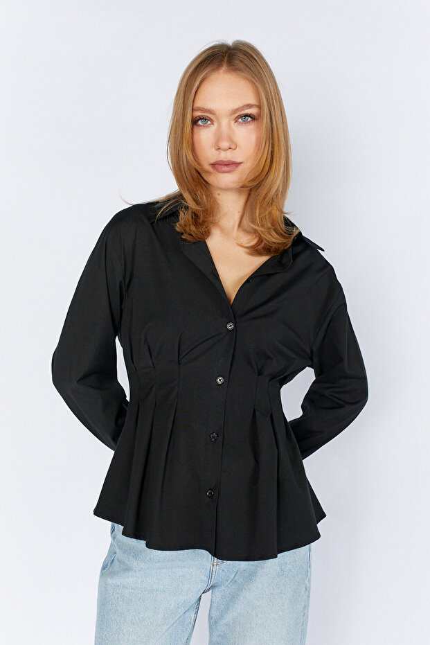 Black Pleated Waist-Fitted Poplin Shirt | Mks1610919-1