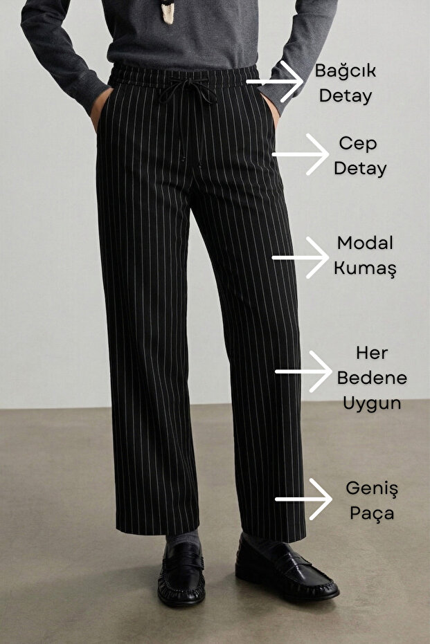 Black Striped Woven Plus Size Crepe Fabric Trousers