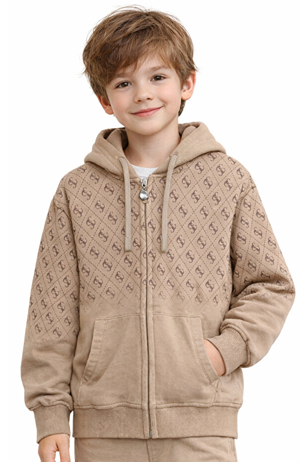 Light Brown Cardigan with Letter Pattern on It, Zipper Closure and Pockets for Boys/Girls.