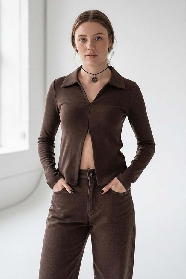 Brown Polo Neck Double Zipper Slim Fit Women's Body Mg2652