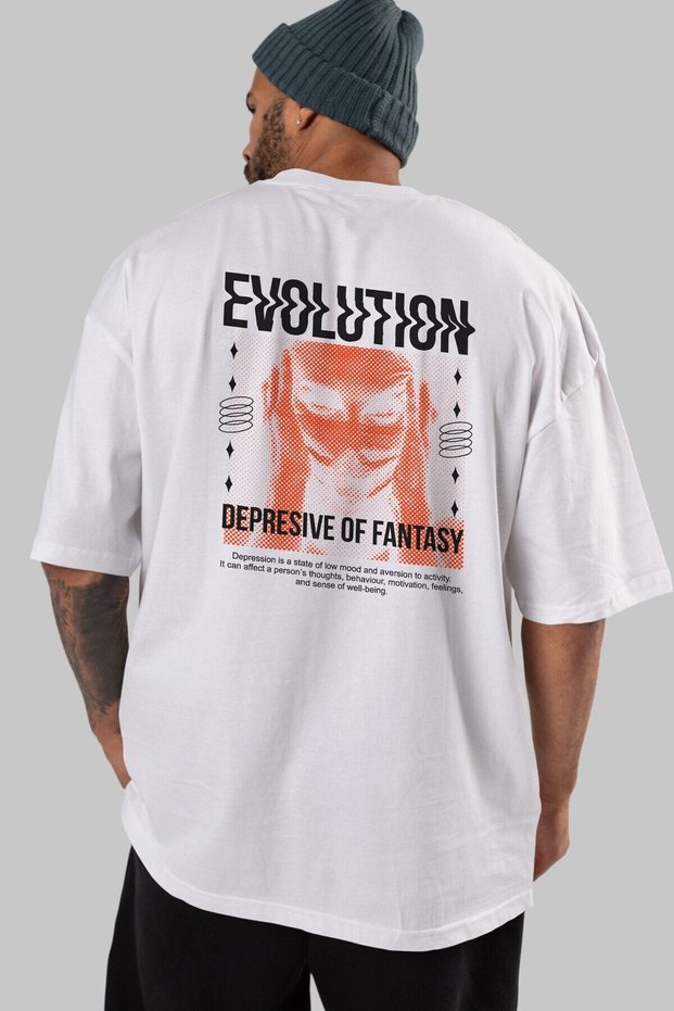 Evolution Back Printed White Oversize T-shirt Unisex Men's Women's Crew Neck