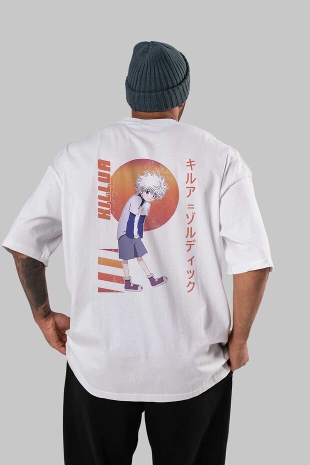 Killua Zoldyck 5 2 Anime Back Printed White Oversize T-Shirt 100% Cotton Men Women