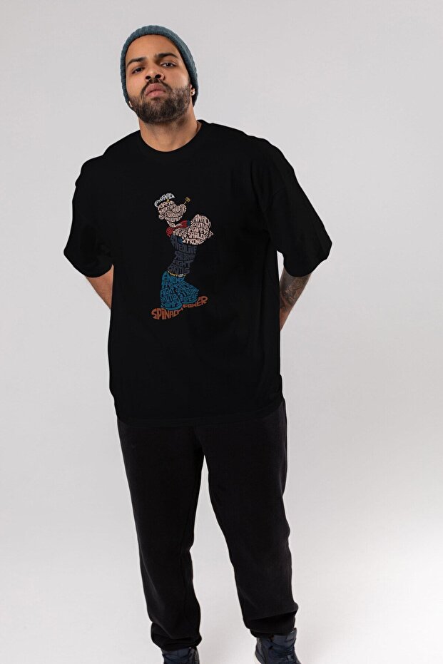 Sailorman Front Printed Black Oversize T-shirt Unisex Men's Women's Crew Neck