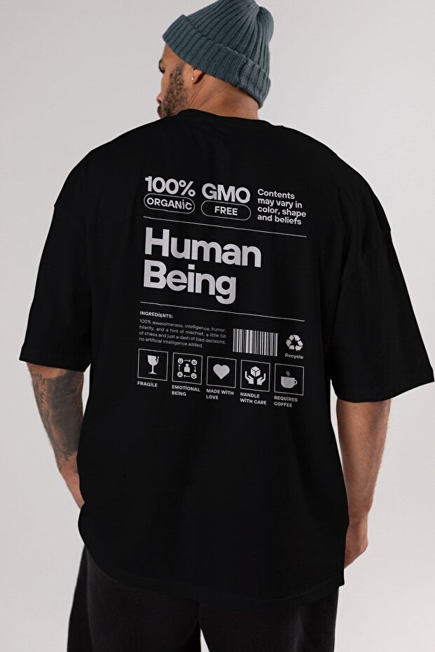 Human Being Back Printed Black Oversize T-shirt Men's Women's Crew Neck