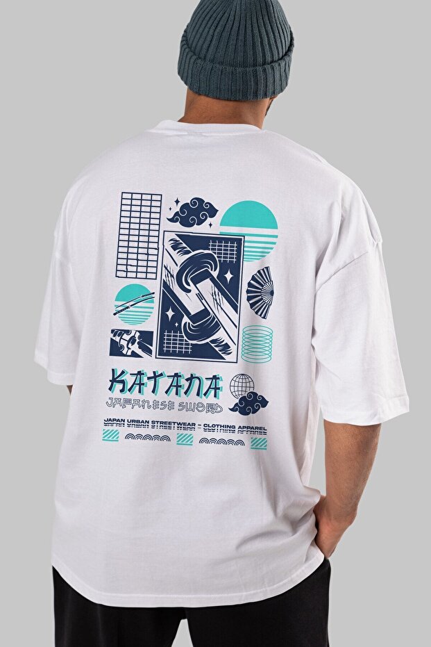 Katana Back Printed White Oversize T-shirt Unisex Men's Women's Crew Neck