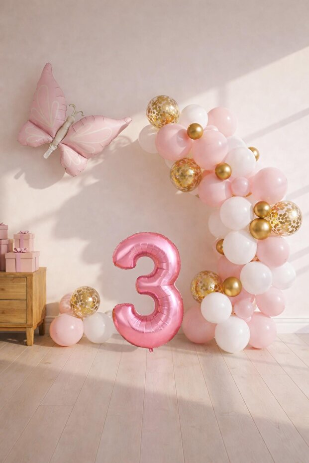 Butterfly Themed Pink 3Rd Birthday Balloon Set – Pink Gold Balloon Chain