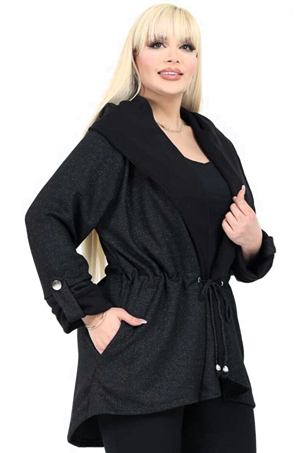 Hooded Epaulettes Long Sleeve Drawstring Waist Lace-Up Double Pocket Jacquard Fabric Comfortable Plus Size Cardigan