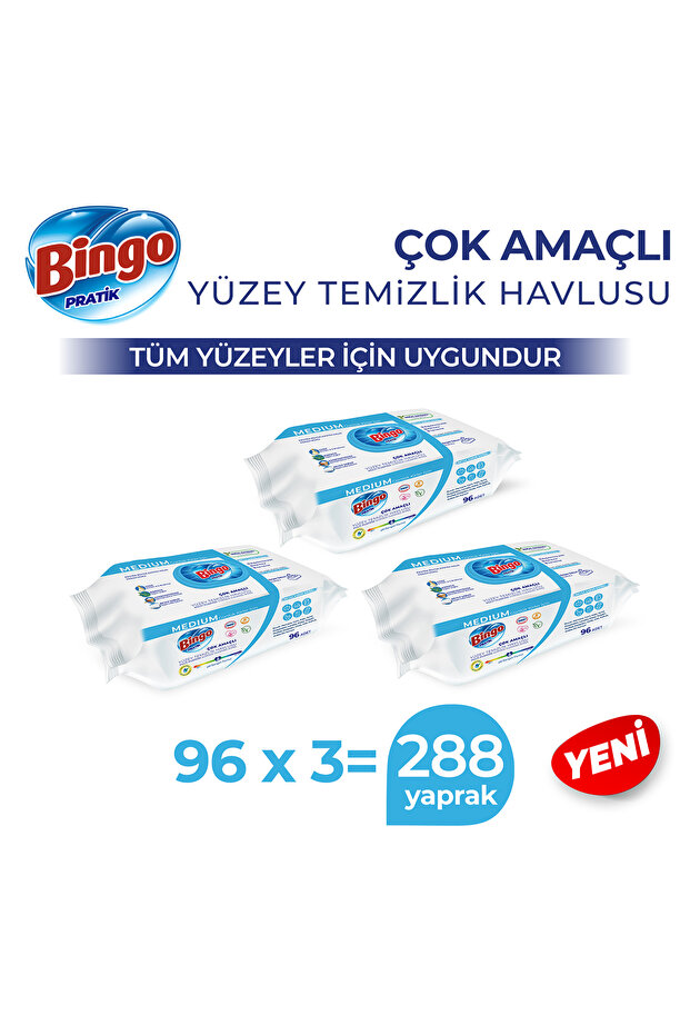 Bingo Yüzey Temizleme Havlusu Medium Beyaz Sabun Kokulu 96 Adetx3 (288 Yaprak)