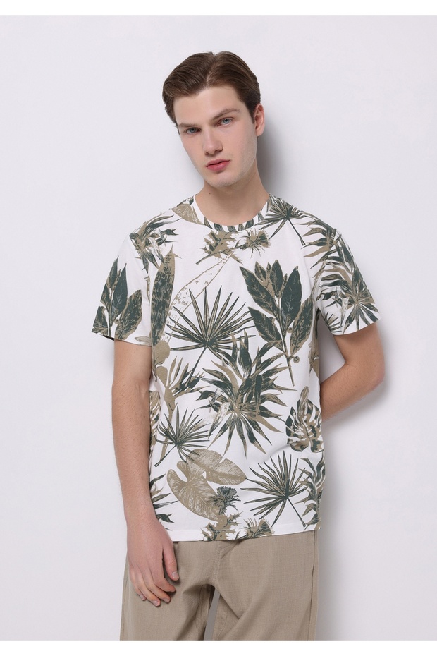 Regular Fit Round Neck Knitted Printed Men's Green Short Sleeve T-Shirt