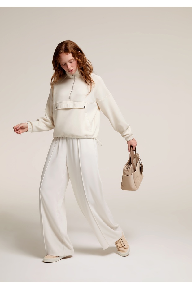 Regular Fit High Waist Wide Leg Waist Lace Detailed Women's Ecru Trousers