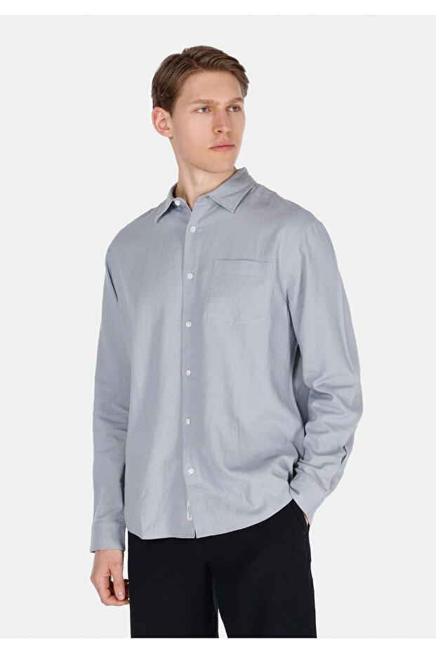 Relax Fit Shirt Neck Plain Men's Gray Long Sleeve Shirt