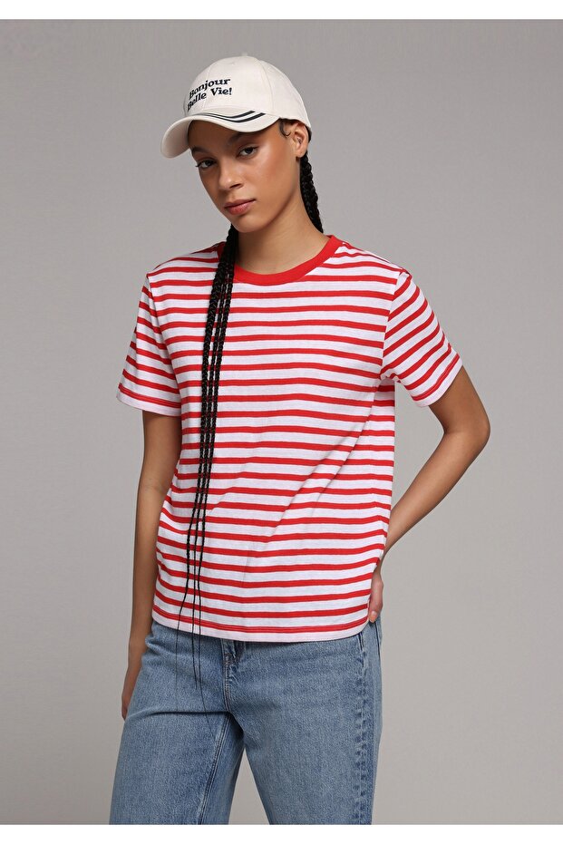Regular Fit Round Neck Striped Women's Red Short Sleeve T-Shirt