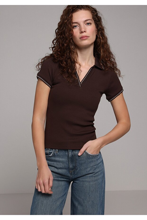 Slim Fit Polo Collar Plain Women's Brown Short Sleeve T-Shirt