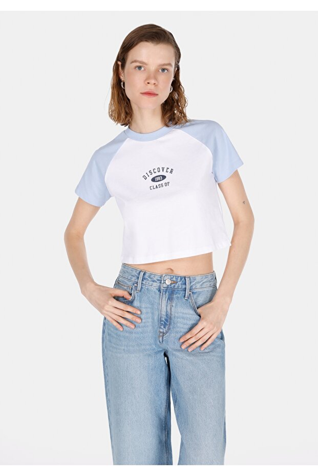 Slim Fit Round Neck Printed Women's White Short Sleeve T-Shirt