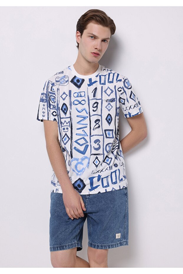 Regular Fit Round Neck Cotton Printed Men's Blue Short Sleeve T-Shirt