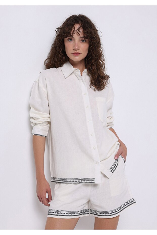 Regular Fit High Waist Embroidered Women's White Shorts