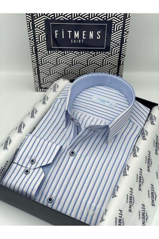 Classic Long Sleeve Thick Striped Gift Boxed Men's Shirt Fs-001260 - White Light Blue
