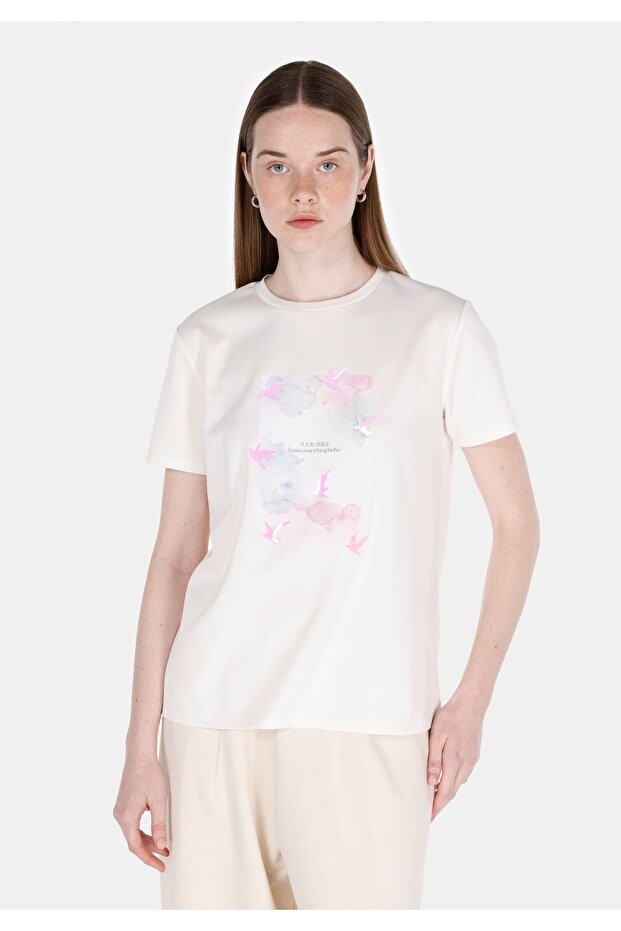 Regular Fit Round Neck Printed Women's White Short Sleeve T-Shirt