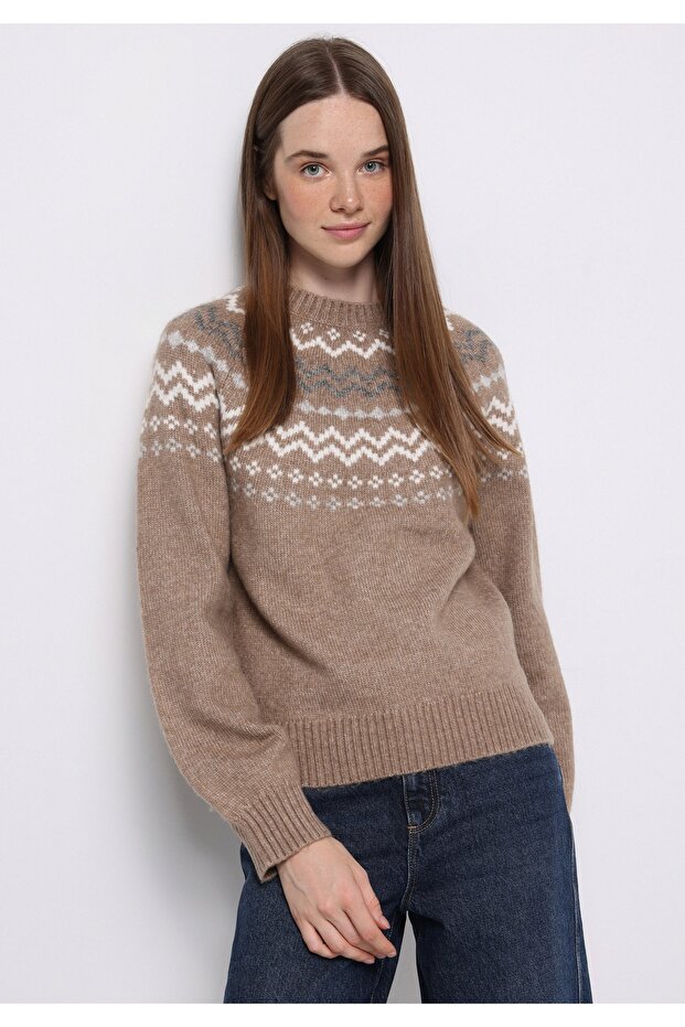 Regular Fit Turtle Neck Printed Women's Beige Sweater