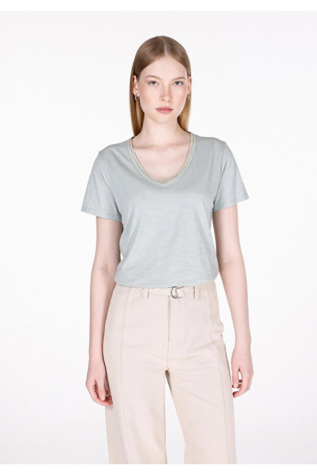 Regular Fit Cotton Lu V-Neck Plain Women's Green Short Sleeve T-Shirt