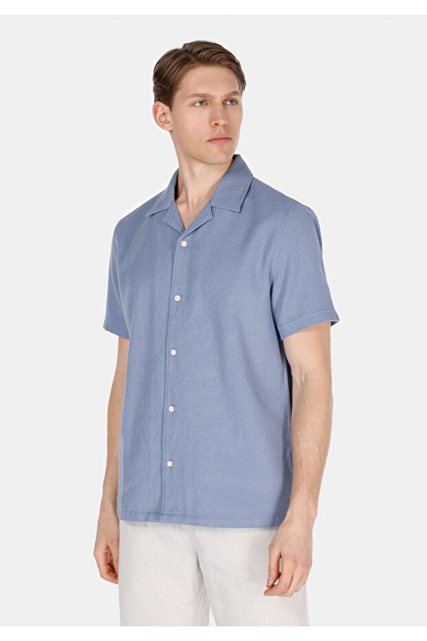 Regular Fit Shirt Neck Pocketless Plain Men's Blue Short Sleeve Shirt