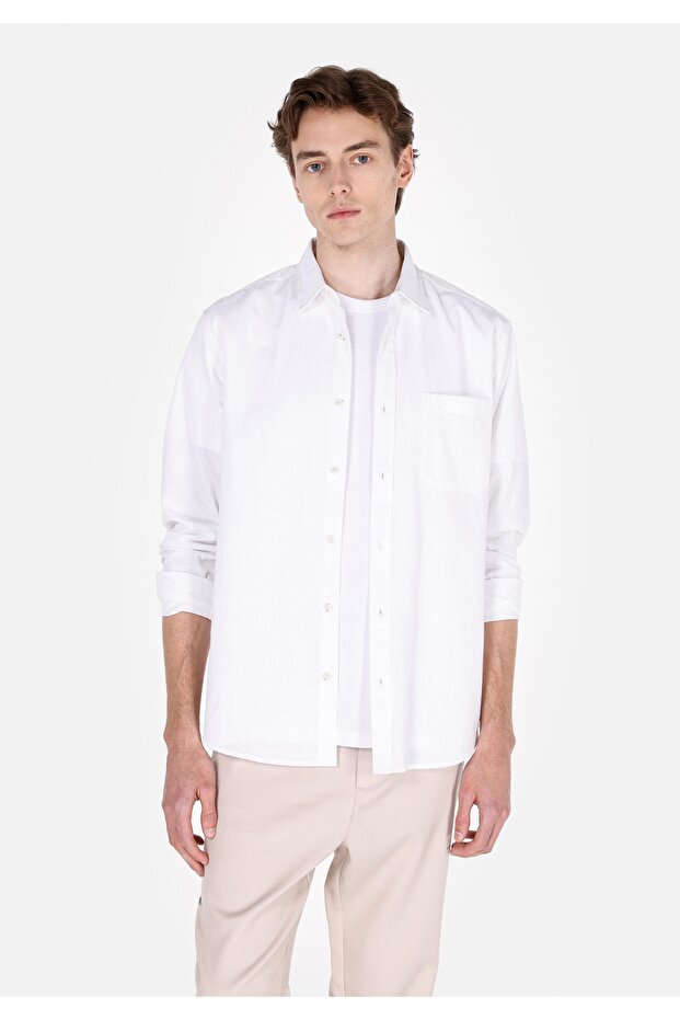 Regular Fit Shirt Neck Plain Men's White Long Sleeve Shirt