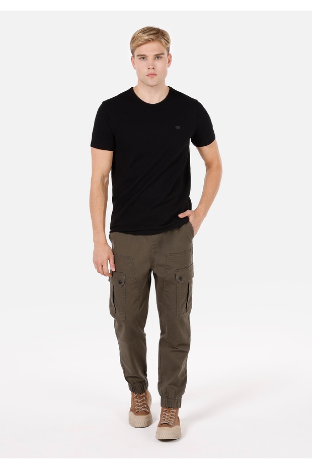 Slim Fit Mid Waist Elastic Leg Men's Green Trousers