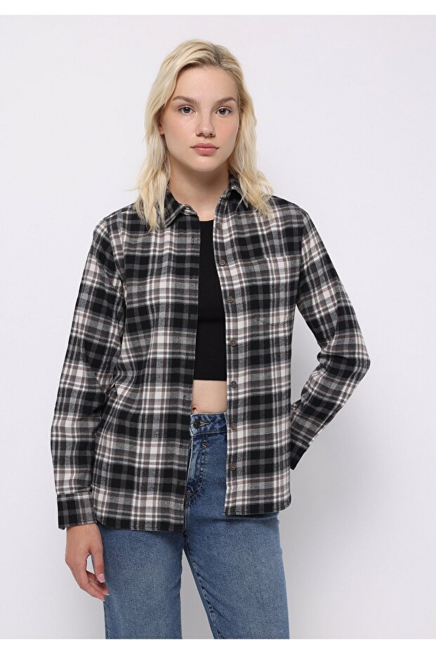 Regular Fit Shirt Neck Plaid Women's Black Long Sleeve Shirt