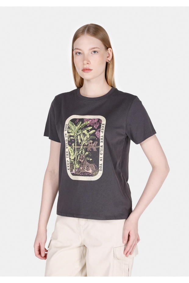 Regular Fit Cotton Lu Round Neck Printed Women's Anthracite Short Sleeve T-Shirt
