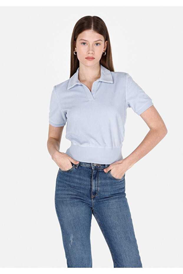 Slim Fit Polo Neck Plain Women's Blue Short Sleeve T-Shirt