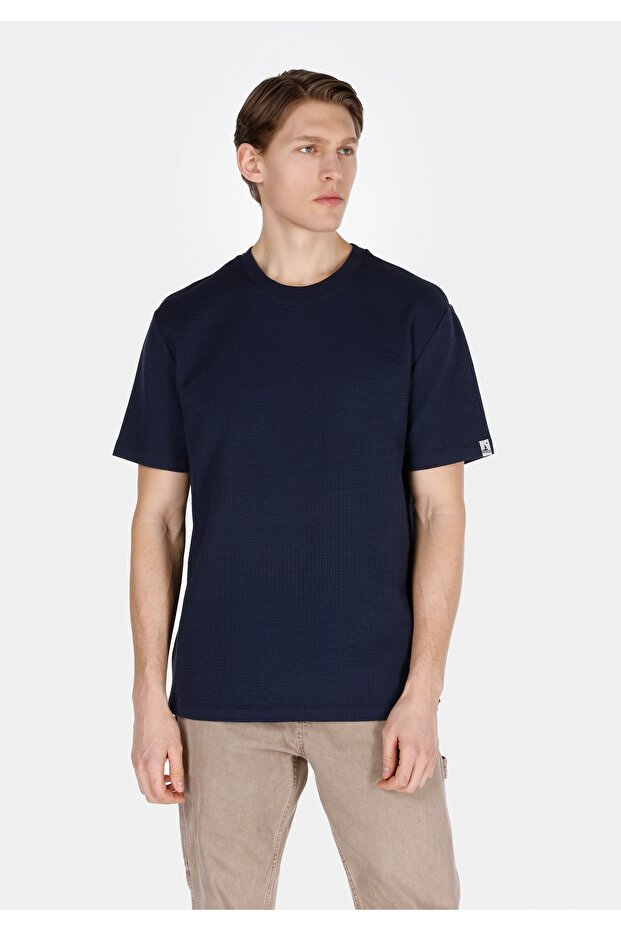 Comfort Fit Round Neck Jacquard Men's Navy Blue Short Sleeve T-Shirt