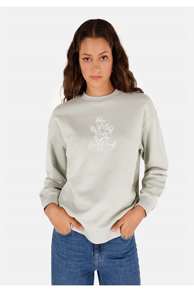 Regular Fit Round Neck Printed Women's Green Sweatshirt