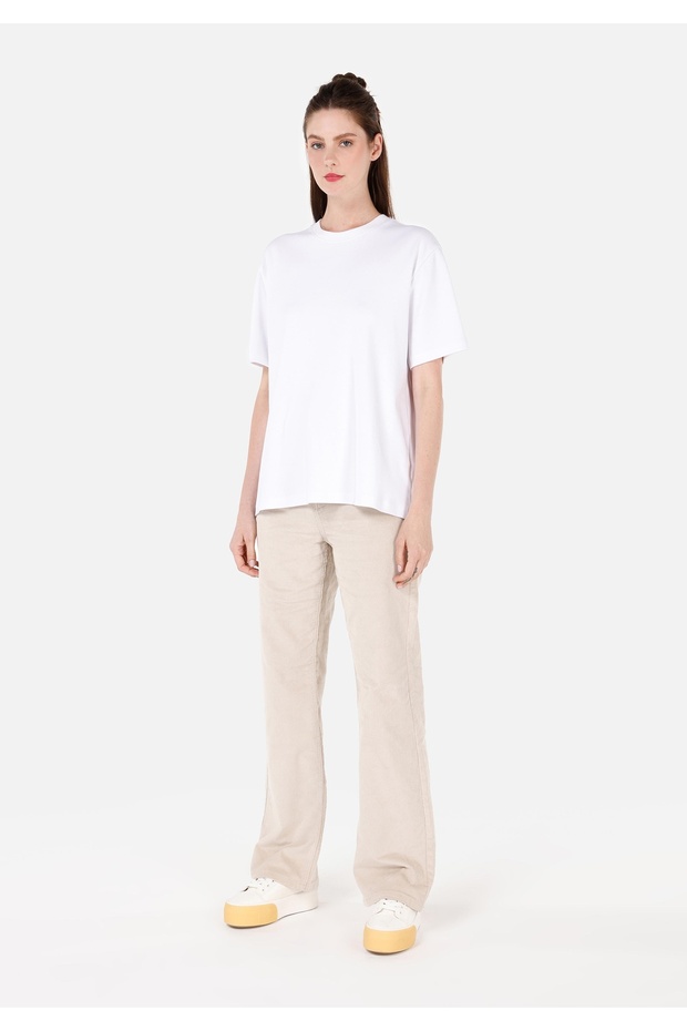 Regular Fit High Waist Wide Leg Women's Ecru Trousers