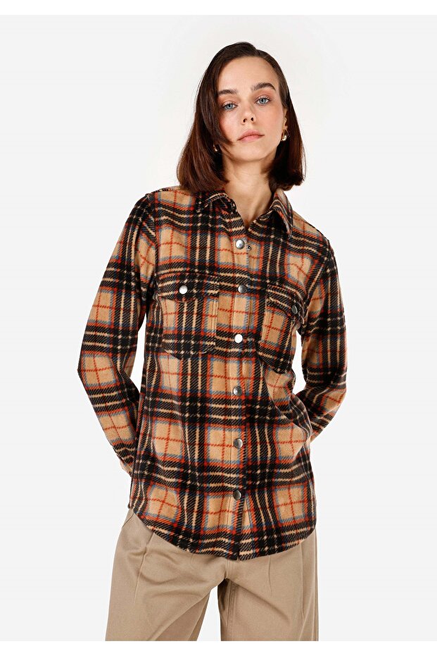 Regular Fit Pocketed Shirt Neck Women's Multicolor Long Sleeve Shirt