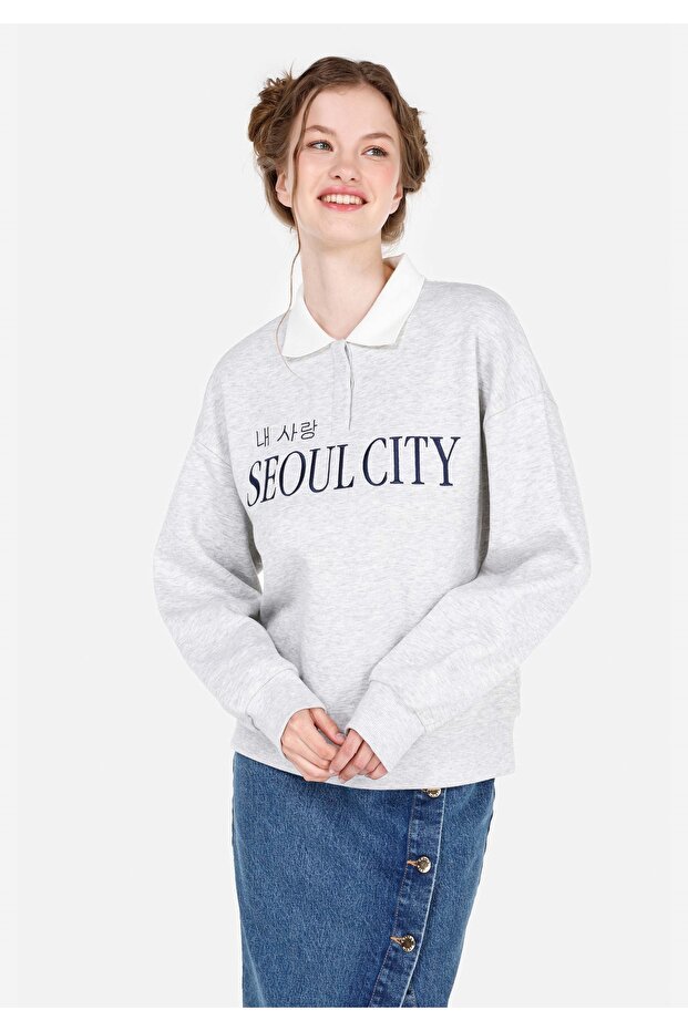 Regular Fit Polo Neck Women's Gray Sweatshirt