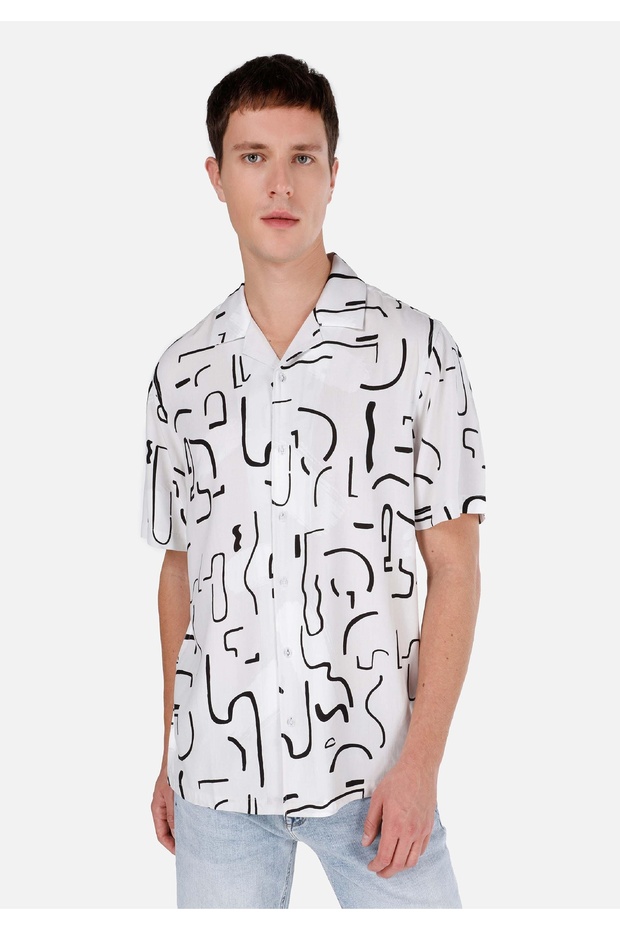 Regular Fit Shirt Neck Printed Men's Beige Short Sleeve Shirt