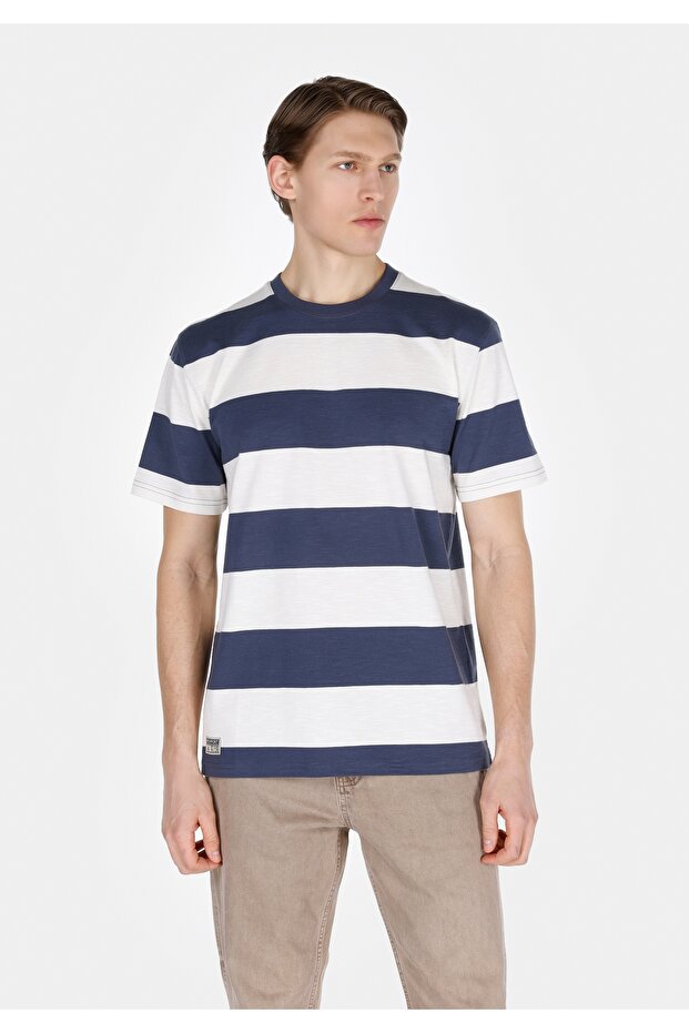 Comfort Fit Round Neck Striped Men's Navy Blue Short Sleeve T-Shirt