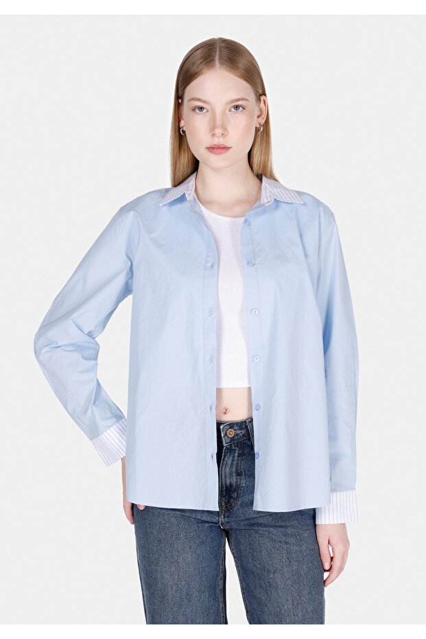 Regular Fit Shirt Neck Striped Women's Blue Long Sleeve Shirt