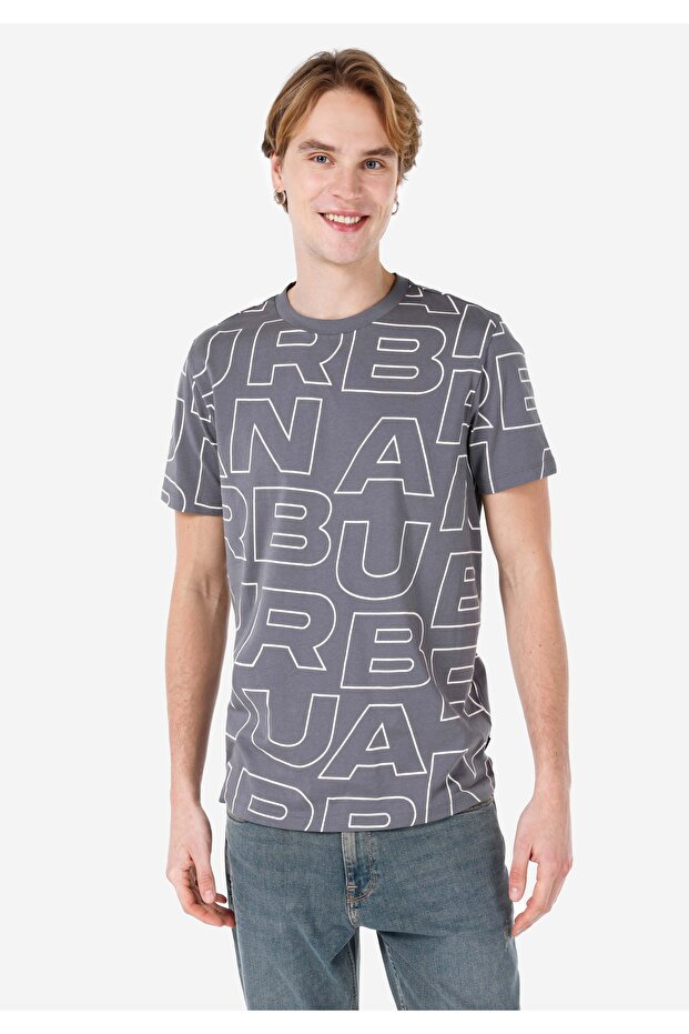 Regular Fit Knitted Round Neck Printed Men's Anthracite Short Sleeve T-Shirt