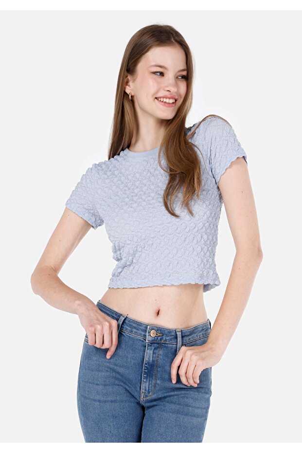 Slim Fit Round Neck Knitted Plain Women's Blue Short Sleeve T-Shirt