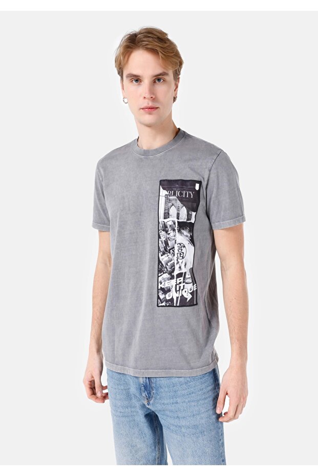 Regular Fit Crew Neck Printed Gray Men's Short Sleeve T-Shirt Cl 1066983