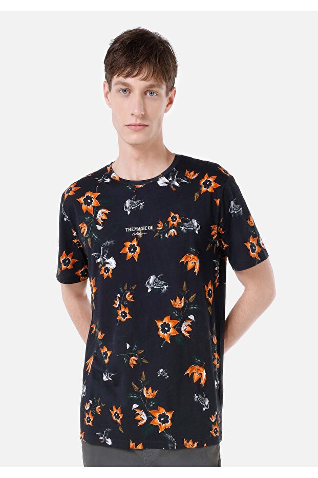 Regular Fit Round Neck Printed Men's Black Short Sleeve T-Shirt