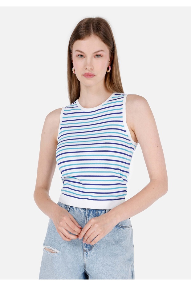 Slim-Fit Striped Blue Women's Short-Sleeve Sweater