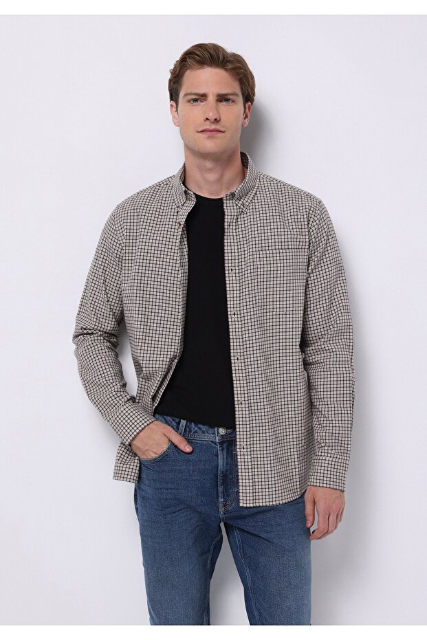 Regular Fit Shirt Neck Checked Men's Brown Long Sleeve Shirt