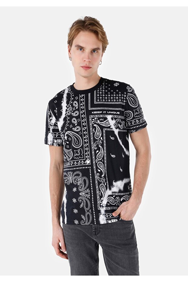 Regular Fit Crew Neck Printed Black Men's Short Sleeve T-Shirt Cl 1068207